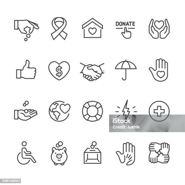 Charity And Relief Theme Outline Vector Icons Stock Illustration - Download Image Now - Icon Symbol, Healthcare And Medicine, World Map