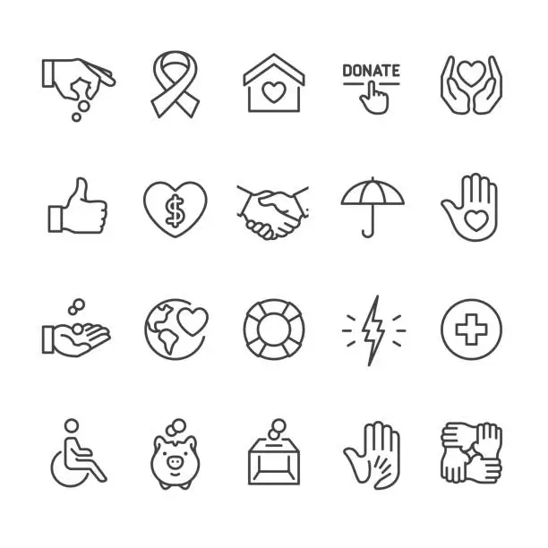 Vector illustration of Charity and Relief theme - outline vector icons