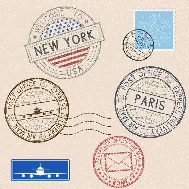 消印とベージュ色の背景に観光スタンプ - postage stamp postmark mail paris france点のイラスト素材／クリップアート素材／マンガ素材／アイコン素材