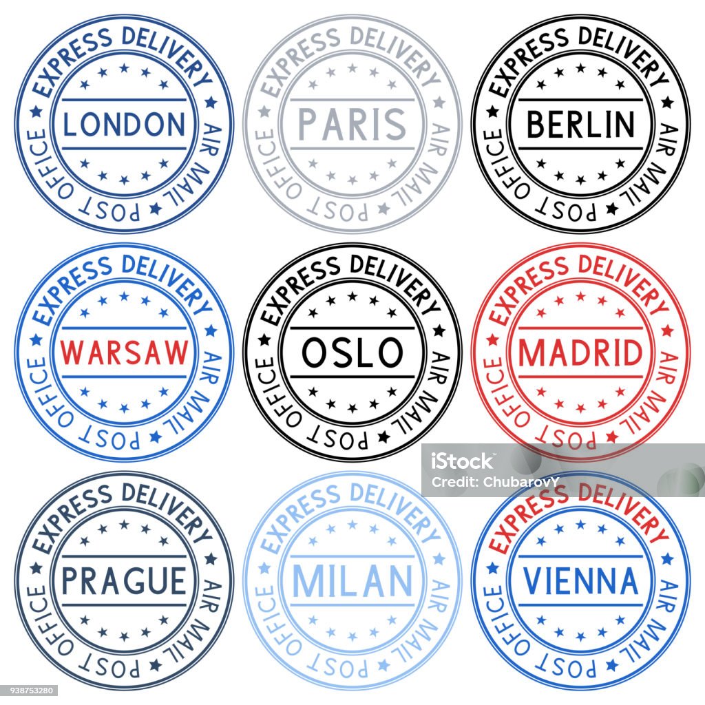Postmarks Collection Of Ink Stamps With European Cities Stock Illustration  - Download Image Now - iStock