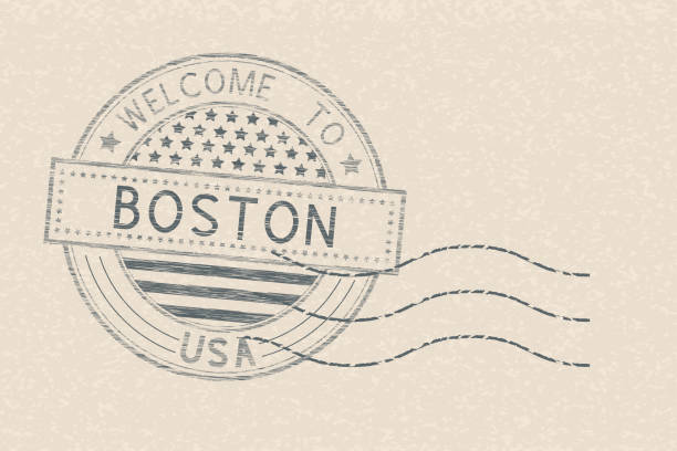오신 것을 환영 합니다 보스톤, 미국. 베이지색 배경에 미국 국기와 관광 스탬프 - circle rubber stamp star shape grunge stock illustrations