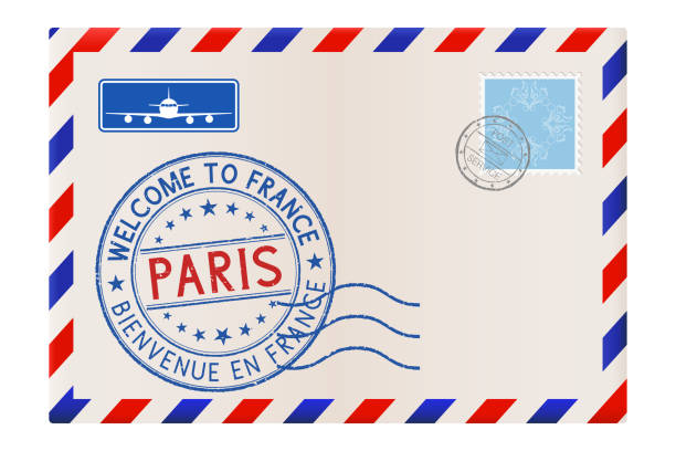 パリのスタンプに歓迎のエンベロープ。国際郵便の消印と切手 - postage stamp postmark mail paris france点のイラスト素材／クリップアート素材／マンガ素材／アイコン素材