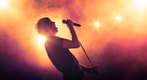istock Young male singer with a microphone performing on stage in backlit 938763258