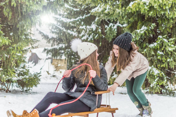 istock Sister twins having fun on snow 938770160