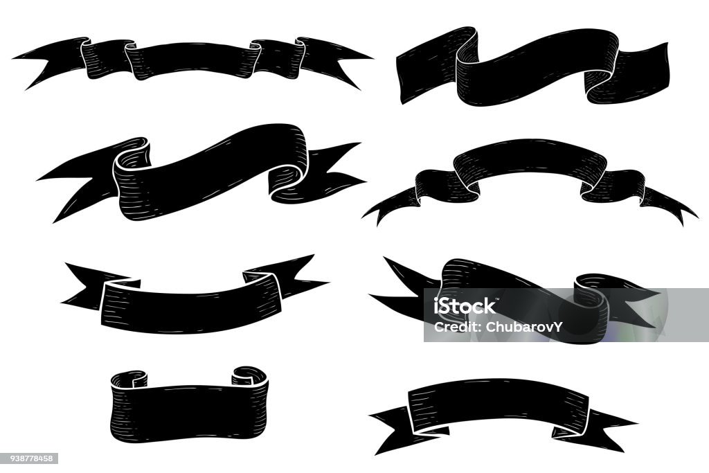 Black flat ribbon banners. Hand drawn sketch Black flat ribbon banners. Hand drawn sketch. Vector illustration isolated on white background Ribbon - Sewing Item stock vector