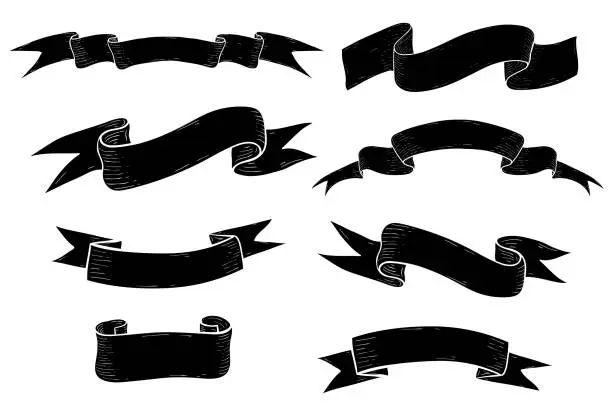 Vector illustration of Black flat ribbon banners. Hand drawn sketch