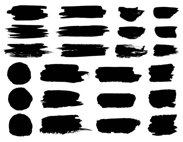 Vector black paint brush spots, highlighter lines or felt-tip pen marker horizontal blobs. Marker pen or brushstrokes and dashes. Ink smudge abstract shape stains and smear set with texture Vector black paint brush spots, highlighter lines or felt-tip pen marker horizontal blobs. Marker pen or brushstrokes and dashes. Ink smudge abstract shape stains and smear set with texture. brushed background stock illustrations