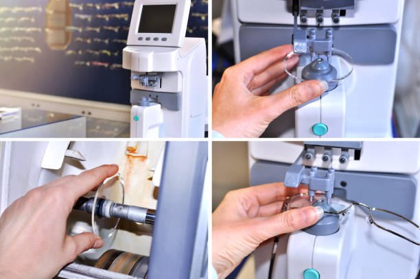 Collage image of the glasses manufacturing process.Health care, medicine and vision concept.Professional ophthalmology instrument in clinic office and optics.Optician measuring and preparing glasses imagen de collage de los cristales en el proceso de fabricación. concepto de cuidado, la medicina y la visión de la salud. instrumento profesional de oftalmología en oficina de clínica y óptica. Ópticos de medición y preparación de vidrios