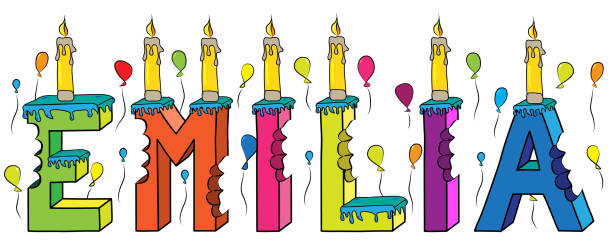 эмилия женское имя укусил красочные 3d надписи торт ко дню рождения со свечами и воздушными шарами - emiliano martinez stock illustrations