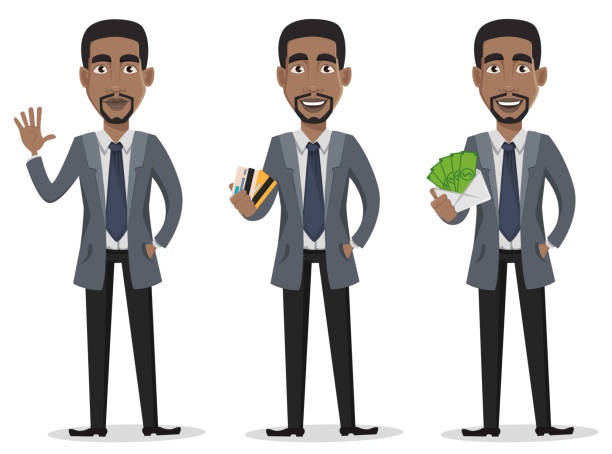 African American business man cartoon character African American business man cartoon character set. Businessman in office clothes waves hand, holds credit cards and holds envelope with money. Vector illustration on white background mail clerk stock illustrations
