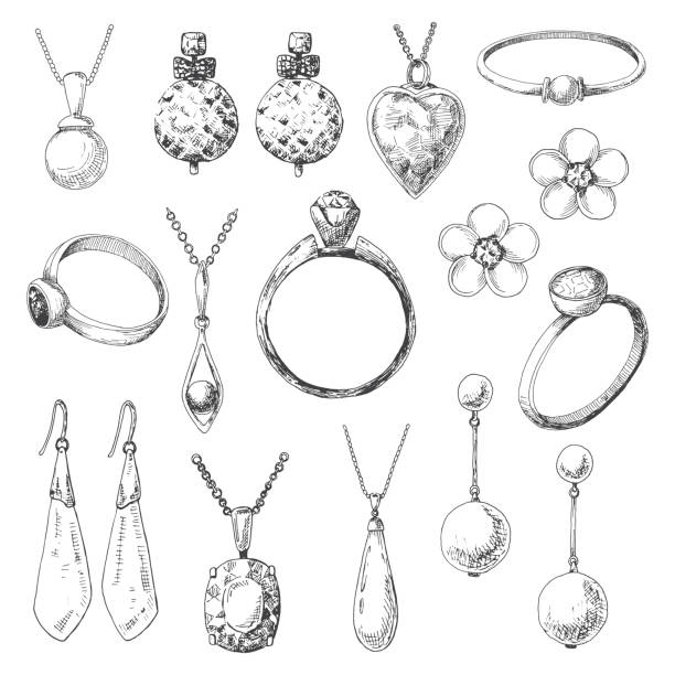 ilustraciones, imágenes clip art, dibujos animados e iconos de stock de mano dibuja un conjunto de joyas diferentes. ilustración de vector de un estilo de dibujo. - collar de perlas joyas