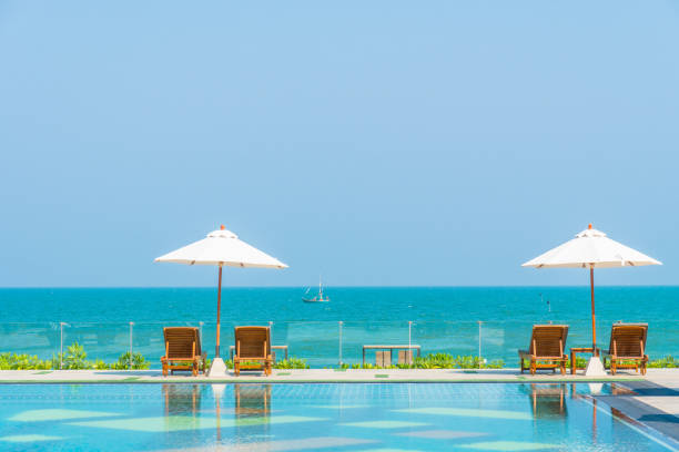 istock Lounge Chairs With Parasol By Swimming Pool Against Clear Sky 938782684