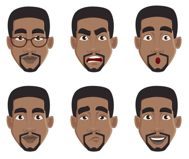 ilustraciones, imágenes clip art, dibujos animados e iconos de stock de expresiones de la cara del hombre afroamericano - afro man
