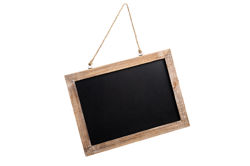 Blank vintage chalkboard with wooden frame and rope for hanging, isolated on white background