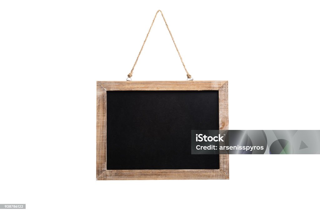 Blanc vintage ardoise avec cadre en bois et corde pour la pendaison, isolé sur fond blanc - Photo de Tableau libre de droits