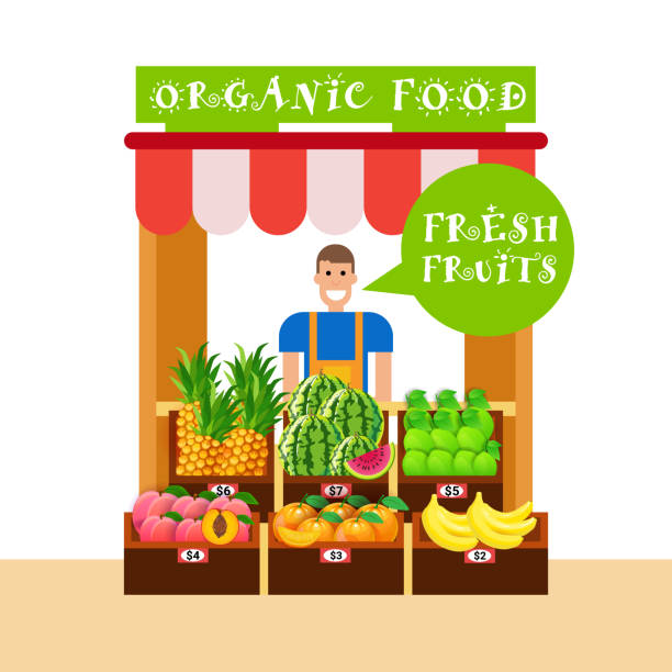 ilustrações de stock, clip art, desenhos animados e ícones de farmer man selling on organic food market fresh fruits natural healthy products concept - vector set clip art vegan food