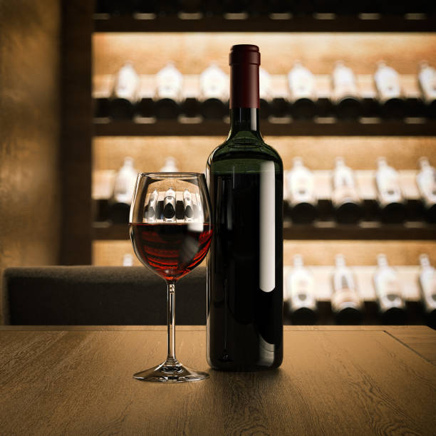 istock Wine bottle with glass on the wooden table. 3d rendering 938799642