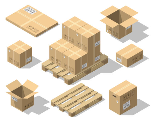 ilustrações de stock, clip art, desenhos animados e ícones de cardboard boxes and wood pallet isometric set - cardboard box