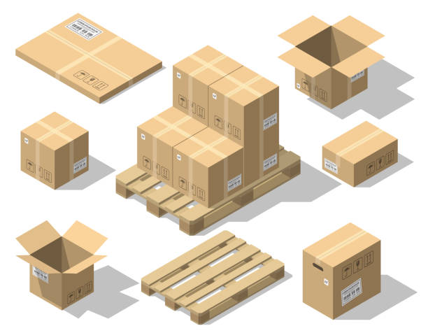 картонные коробки и деревянный поддон изометрический набор - cardboard box box open carton stock illustrations