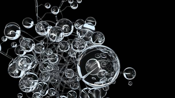 istock 3D molecules or atoms on black background. Abstract molecular structure with white transparent spherical particles, medical background. Science concept. 3d render illustration. 938810398