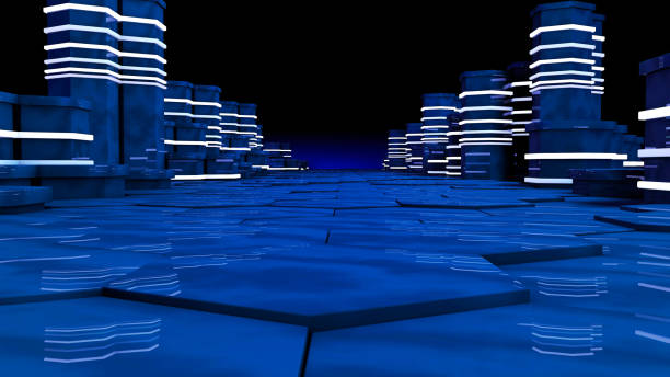 istock Futuristic concept of server room in datacenter. Big data storage, server racks with neon lights on black background. Technology and connection concept. Abstract 3d rendering illustration. 938810968