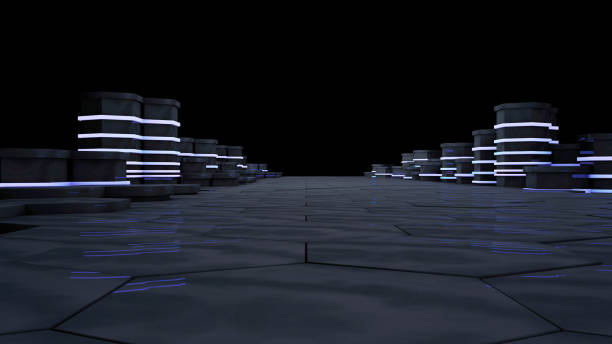 istock Futuristic concept of server room in datacenter. Big data storage, server racks with neon lights on black background. Technology and connection concept. Abstract 3d rendering illustration. 938814794