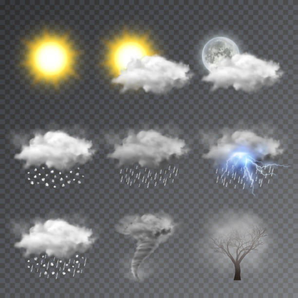 Weather icons set, modern forecast widget Realistic vector illustration isolated on transparent background. rain stock illustrations