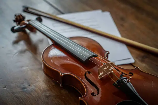 Violin and music sheet on wood table