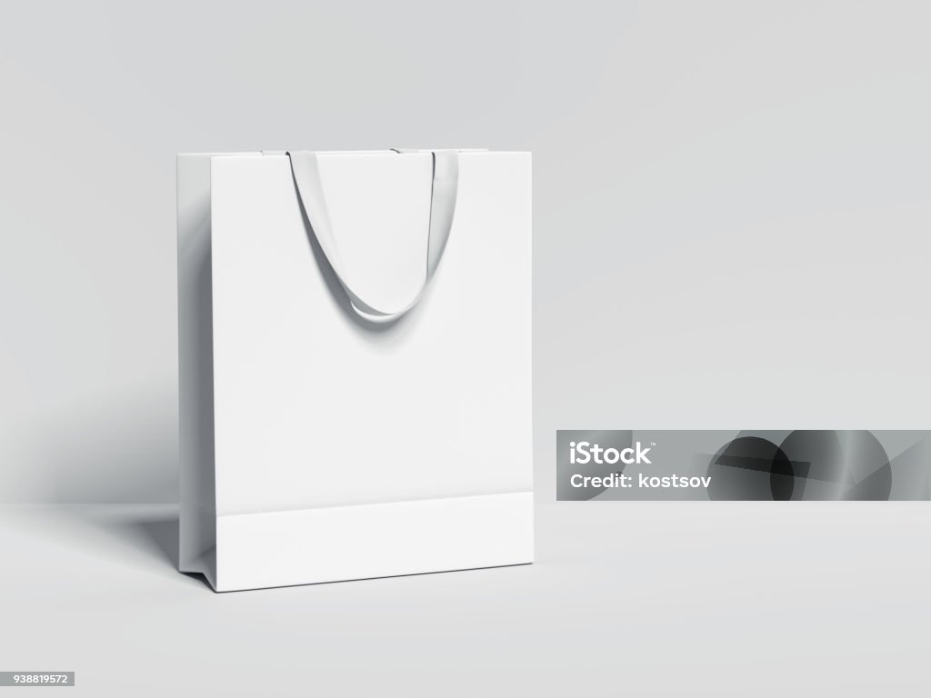 White blank shopping bag. 3d rendering White blank shopping bag isolated on bright background. 3d rendering Bag Stock Photo