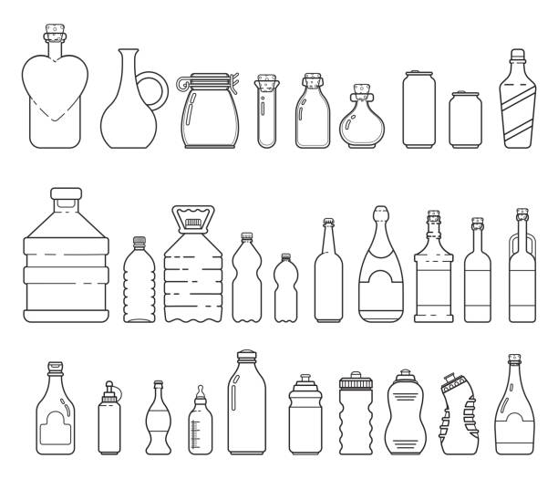 zestaw z butelką ikony differnet w stylu liniowym - energy drink bottle drink plastic stock illustrations
