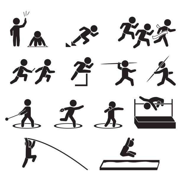 track and field leichtathletik-icon-set, vektor. - hurdle competition running sports race stock-grafiken, -clipart, -cartoons und -symbole