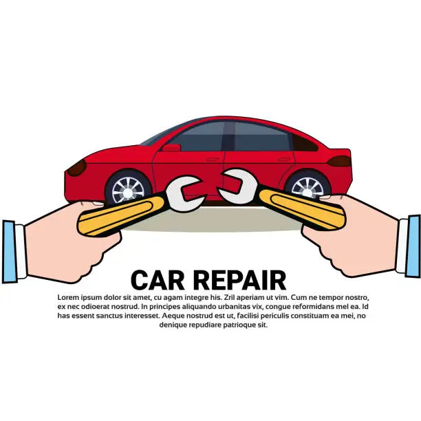 Vector illustration of Car Repair Service Icon Hand Holding Wrench Over Auto Vehicle Shop Or Center Concept