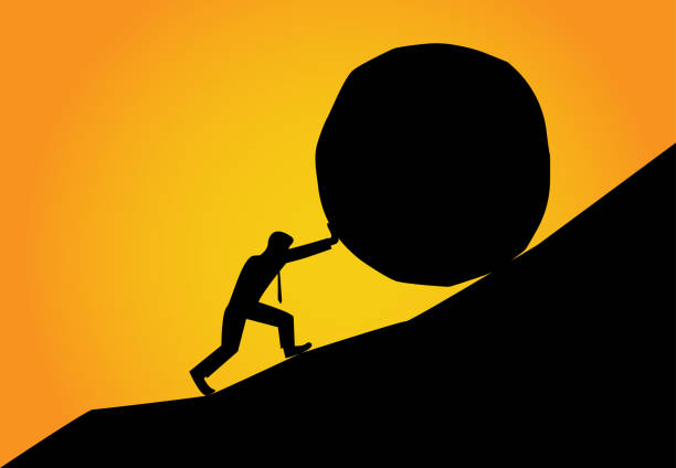 istock Man trying to move big stone ball to top of hill 938823094