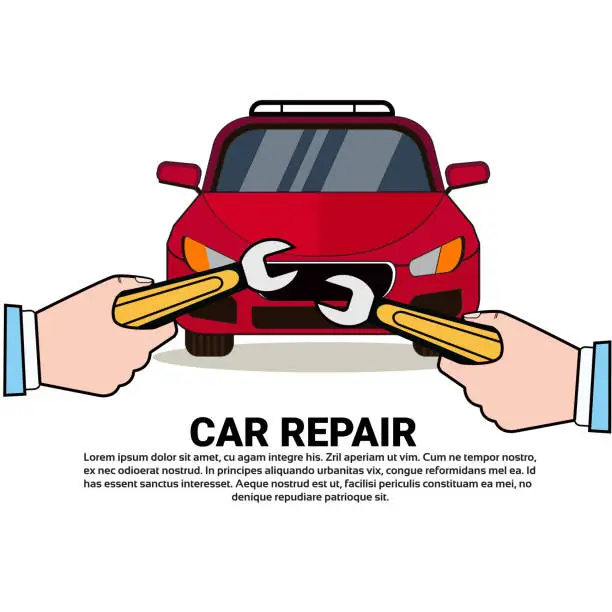 Vector illustration of Hands Repair Car Over Background With Copy Space Auto Shor Or Mechanic Center Concept