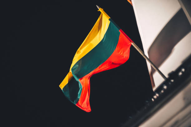 vista de baixo ângulo da bandeira lituana acenando contra o céu à noite - bandeira da lituânia - fotografias e filmes do acervo