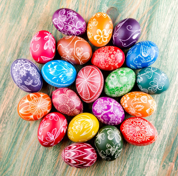 istock colorful scratched handmade Easter eggs on a wooden table 938839534