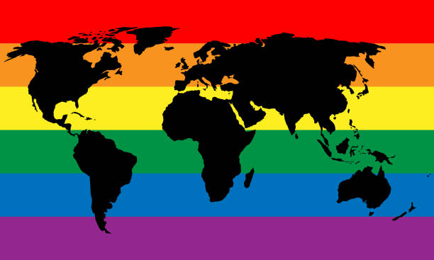 Black world map silhouette on LGBT rainbow pride flag background. Lesbian, gay, bisexual, and transgender stylish design element. Simple flat vector illustration Black world map silhouette on LGBT rainbow pride flag background. Lesbian, gay, bisexual, and transgender stylish design element. Simple flat vector illustration. czech lion stock illustrations