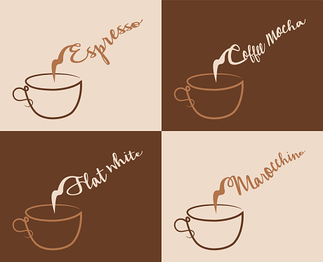 Espresso and Other Coffee Types With Steam, Four different coffee text types did converted to outlines and don’t need any fonts.
