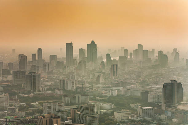 skyline von bangkok in smog während des sonnenuntergangs - smog city pollution town stock-fotos und bilder