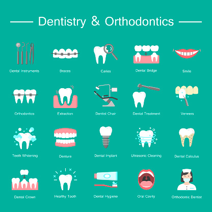 Dentistry, orthodontics flat icons. Colorful flat vector icons of dental clinic services, stomatology, dentistry, orthodontics, oral health care and hygiene, dental instruments.