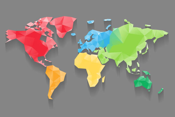 istock Low poly map of World divided into six continents by color. Polygonal vector design with dropped shadow 938858412