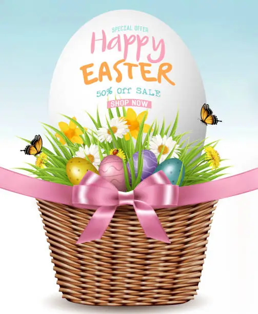 Vector illustration of Easter Sale Background. Colofrul eggs in basket with green grass.