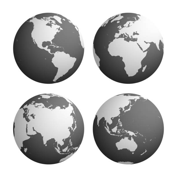 ilustrações, clipart, desenhos animados e ícones de conjunto de quatro globos de terra do planeta com luz cinzenta terra silhueta mapa no fundo da água cinza escuro. ilustração em vetor 3d - east australia