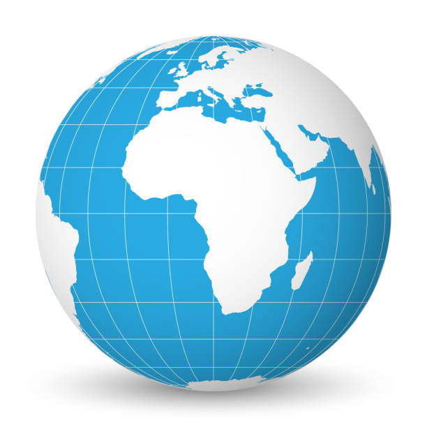 istock Earth globe with white world map and blue seas and oceans focused on Africa. With thin white meridians and parallels. 3D vector illustration 938866508
