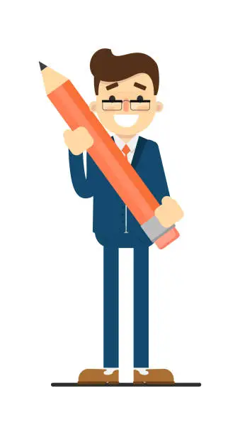 Vector illustration of Happy businessman hold big pencil