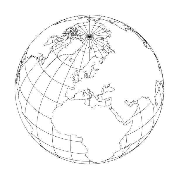 Outline Earth globe with map of World focused on Europe. Vector illustration Outline Earth globe with map of World focused on Europe. Vector illustration. equator stock illustrations