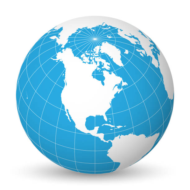 ilustrações de stock, clip art, desenhos animados e ícones de earth globe with white world map and blue seas and oceans focused on north america. with thin white meridians and parallels. 3d vector illustration - equator