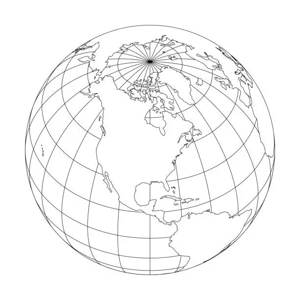 Vector illustration of Outline Earth globe with map of World focused on North America. Vector illustration