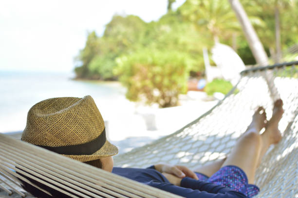 istock Woman relaxing on hammock with hat on vacation 938869942