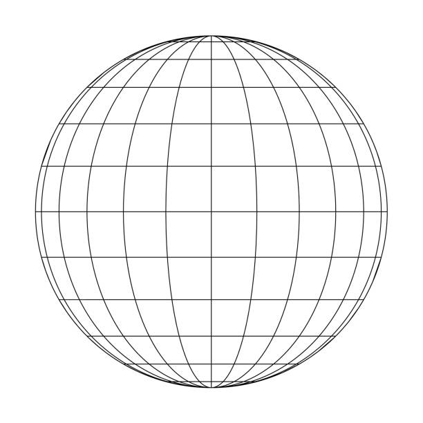 vorderansicht des planeten erde globus raster von meridianen und parallelen, oder längen- und breitengrad. 3d vektor-illustration - map square shape usa global communications stock-grafiken, -clipart, -cartoons und -symbole